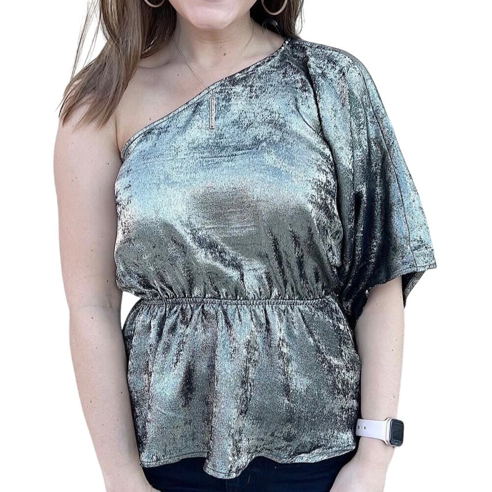 NWT Gilli Metallic Gold One Shoulder Holiday Party Peplum Top Size Small
